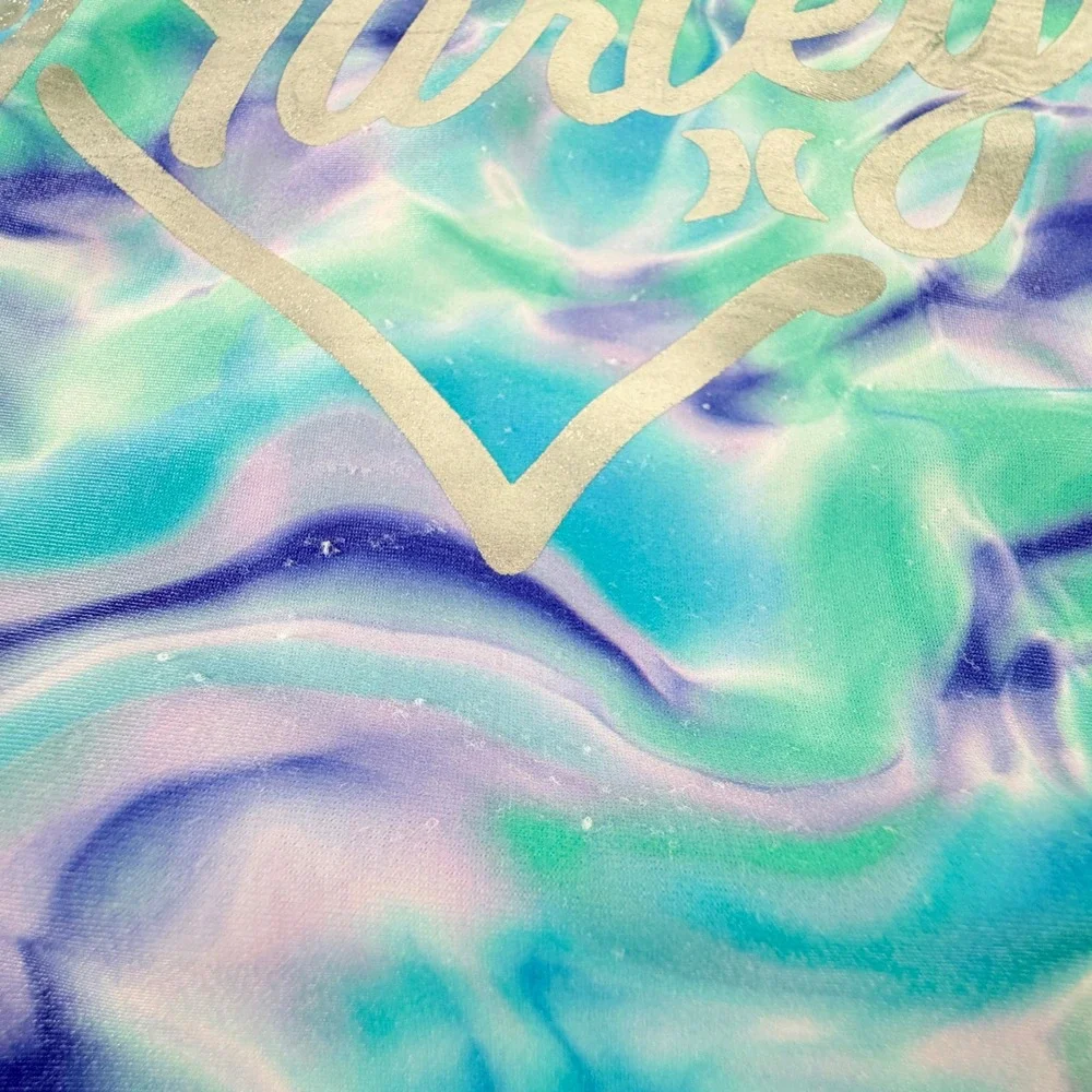 Hurley Girls Tie Dye One‎ Piece Swimsuit Silver Heart Logo Size 7/8 Blue Green